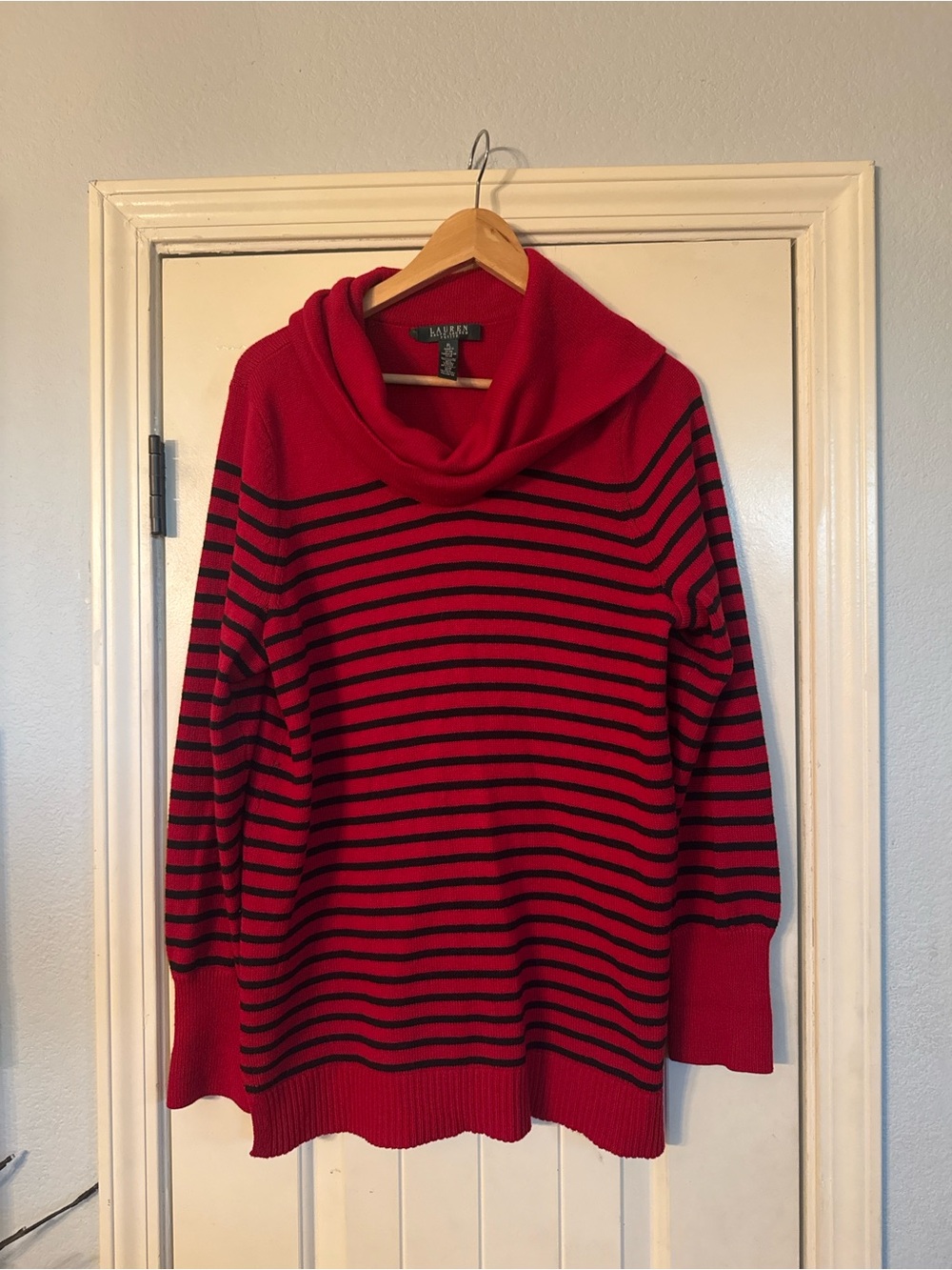 Lauren Ralph Lauren Red and Black Striped Cowl Neck Sweater Petite L